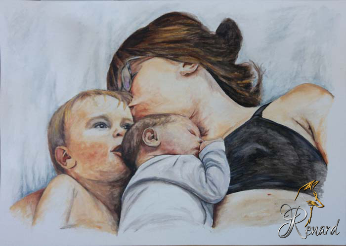 Aquarell Mutter mit Kindern